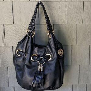 Michael Kors Black Tassels Handbag Grommet Gold Hardware Braided Shoulder Strap